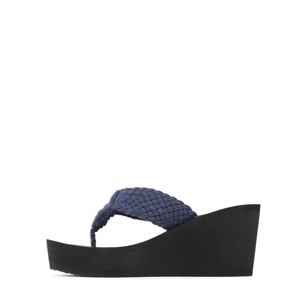Woven Strap Platform Wedge Flip Flops - NAVY - 3